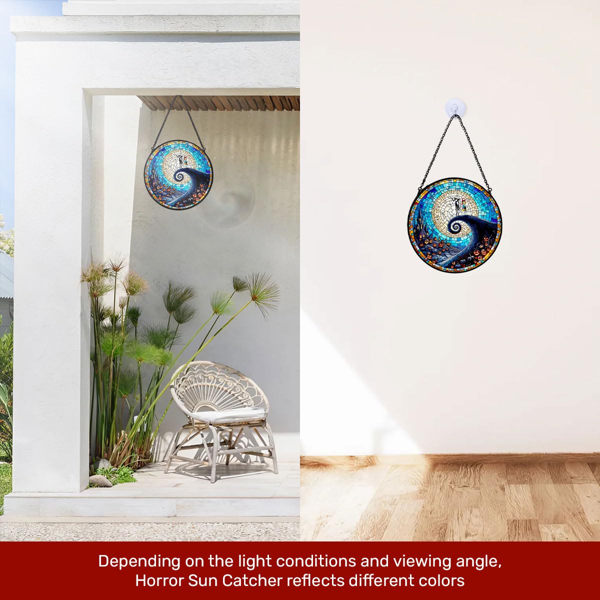 GENANY Spooky Stained Glass Window Hanging, Spring Sun Catcher with Metal Chain and Hook, Romantic Gifts for Women Friends Family, Garden Decor, Housewarming Gifts, Outdoor Decor