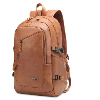 DYJ Vegan Leather Laptop Backpack for Men, Faux Leather Vintage Weekend Travel Daypack with USB Charging Port Fit 17 Inch Laptops