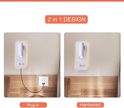 Bedside Reading Lamp Wall Mounted, LED Wall Reading Lights for Bed, Plug in Wall Sconce Set of 2, Bed Reading Light 3W 3000K Book Light with 9W Ambient Lighting