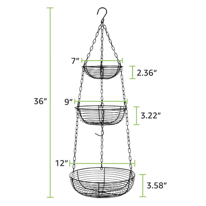 HULISEN 3 Tier Hanging Fruit Basket with Banana Hook, 36-Inch Heavy-Duty Wire Hanging Baskets for Kitchen Storage, Vegetable Produce Organizer (Including Installation Bracket)