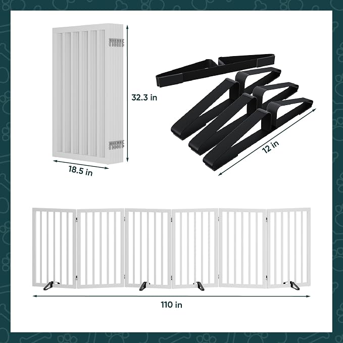 Freestanding Extra Wide Dog Gate Indoor, 6-Panel Wooden Pet Gate with 2 Metal Stands and 360°Hinge, Tall Dog Gates for Doorways, Stairs, Doorways, Kitchen, Foldable Safety Fence, 110"W x 32"H - White