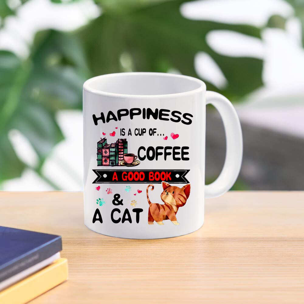Funny coffee Mug - Book Lovers Reading Mug - Happiness is A Cup of Coffee & A Cat - Cat lovers Mugs, Funny Bookish Coffee Mug, Cat Mug, Teacher Mug - 11 oz Novelty Mug