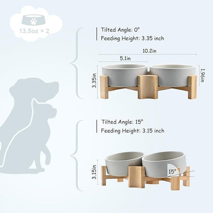 SPUNKYJUNKY 15° Slanted Ceramic Dog and Cat Bowl with Wooden Stand, Tilted Bulldog Food and Water Bowl No Slip Non-Spill for Cats Medium Dogs Big Face Pets 13.5 OZ (1.7 Cups, Grey × 2)