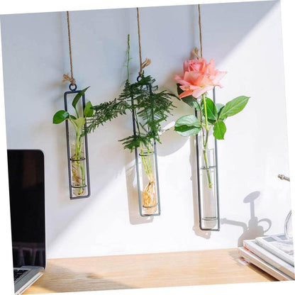 BESTonZON Wall Hanging Hydroponic Glass Test Tube Flower Vase Set with Iron Frame Plant Propagation Tubes for Home Garden Decoration Includes 3 Hemp Ropes and 3 Adhesive Hooks