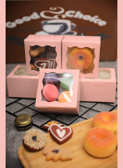 Bakepacker Pink Bakery Boxes with Window 4x4x2.5 inches Small Size Pastry Boxes Mini Cookie Boxes for Bakerys Thick & Sturdy （100 Packs）