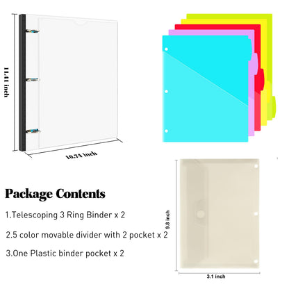INFUN 1 Inch 3-Ring Telescoping Project Organizer Binder-2PCS,13 Pocket, Customizable Front Cover, 5 Colors Pocket Divider and Plastic Binder Pocket，225 Sheet Capacity-White