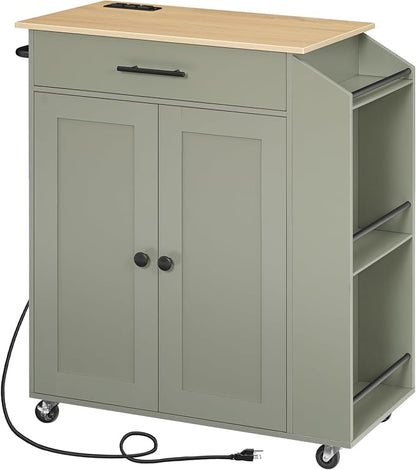 HOOBRO Kitchen Island with Power Outlet, Storage Island with Spice Rack and Drawer, Rolling Kitchen Cart on Wheels, for Home, Dining Room, Natural and Green JN82UZD01G1