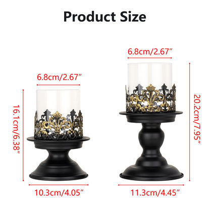 Woparty Gothic Hurricane Candle Holders, Black Metal with Glass Sleeve, Set of 2 Decorative Pillar Holders, 5.9 and 7.9 Inch Height, 4 Inch Diameter