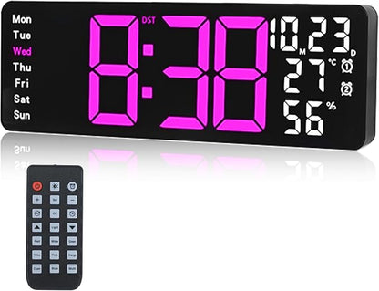 Digital Wall Clock Large Display, 17.3" Digital Clock with RGB Color Remote Control, Auto-Dimming Big Wall Clock with Night Light,Auto DST,Date Week,Temp for Home Decoration, for Elderly (Rose red)