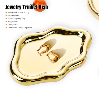 Ceramic Jewelry Dish for Women, Jewelry Tray Trinket Dish, Irregular Cloud Shape Ceramic Plate, Watch Keys Tray Ring Dish Holder for Mother's Day/Christmas/Thanksgiving/Birthday Gift(Gold)