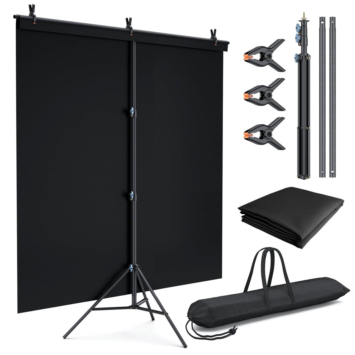LINCO Lincostore 5x6.7ft Backdrop Stand, Portable Black Photo Backdrop Background with T-Shape Stand, Carry Bag, Spring Clamp for Photography Party Decoration Streaming Studio (Black Backdrop)