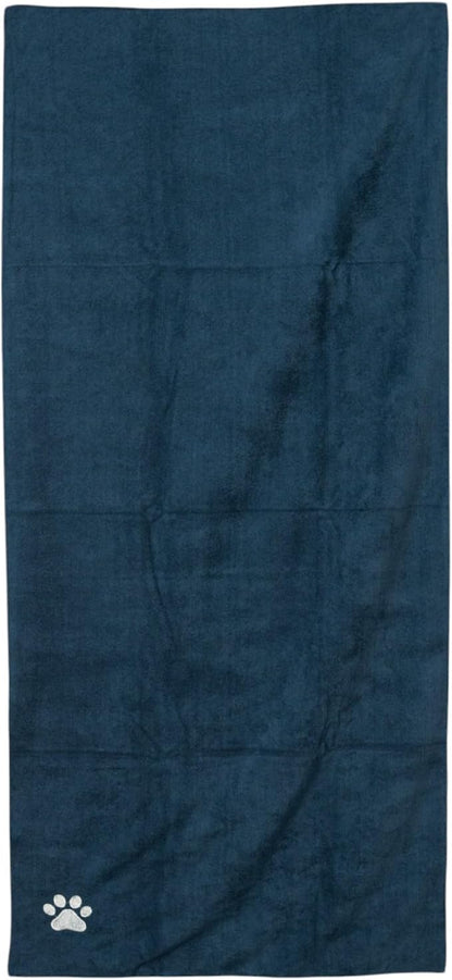 Country Living Large Marine Blue Microfiber Dog Bath Towel - Quick-Drying, Absorbent, Durable, and Machine Washable, Embroidered Paw Print, 48" x 22" for All Dog Sizes