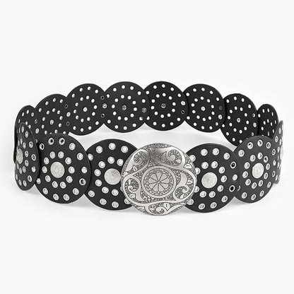 Heyjoin Hollow Wide Disc Belt for Women Out Round Leather Metal Buckle Belt Soft Durable Vintage Western Waist Belts (Silver Black A-XL)