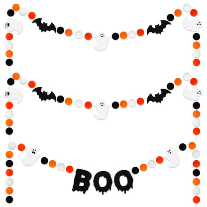 JarThenaAMCS 3Pcs Halloween Felt Garland Ghost Boo Bat Hanging Banner Orange Black White Pom Ball Banner for Haunted House Home Wall Mantle Decor
