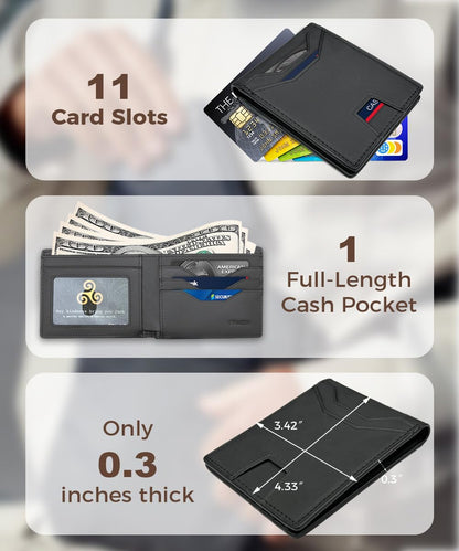 7worldlet Slim RFID Blocking Wallets for Men Synthra™ Ultra Leather Bifold Minimalist Wallet 11 Cord Holder Thin Mens Wallet with Gift Box (Black+Black)
