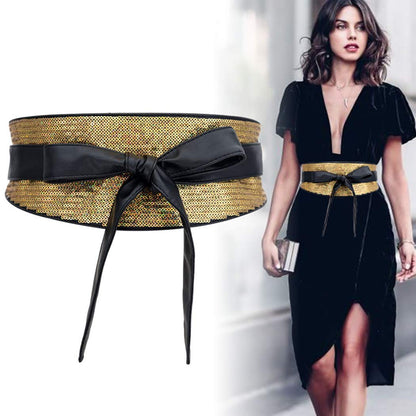 shengweiao Women's Sequin Faux Leather Self Tie Wrap Obi Waist Belt (Gold)