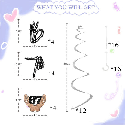 24pcs 6 7 Skeleton Hands Hanging Swirl Decorations, Funny Six Seven Ceiling Whirl Streamer Hanging Banner, 6 7 with Hands Hanging Swirls for Birthday/Anniversary Party Decoration
