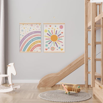 2PCS Nursery Girls Kids Room Poster Hanger, Boho Rainbow Flag Banner Nursery Wall Art Hanging Banner With Wooden Frames for Classroom Girls Playroom Bedroom Toddler Room Decor 15.8x11.8 Inch