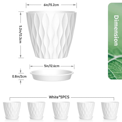 Meowell 6 inch Flower Pots, 5 Pack Plant Pots for Indoor Outdoor Plants, Water Ripples Plastic Planters with Drainage Holes and Saucers, Nursery Pots for Small Succulent Garden House Plants, White