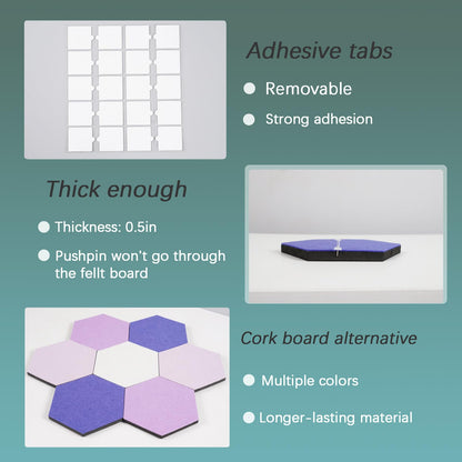 Afumazi Felt Bulletin Board Tiles, 8 Pcs Hexagon Wall Tiles with Removable Adhesive, 7.9×6.9 Inch Cork Pin Board for Classroom, Home, Office (Set F, Middle)