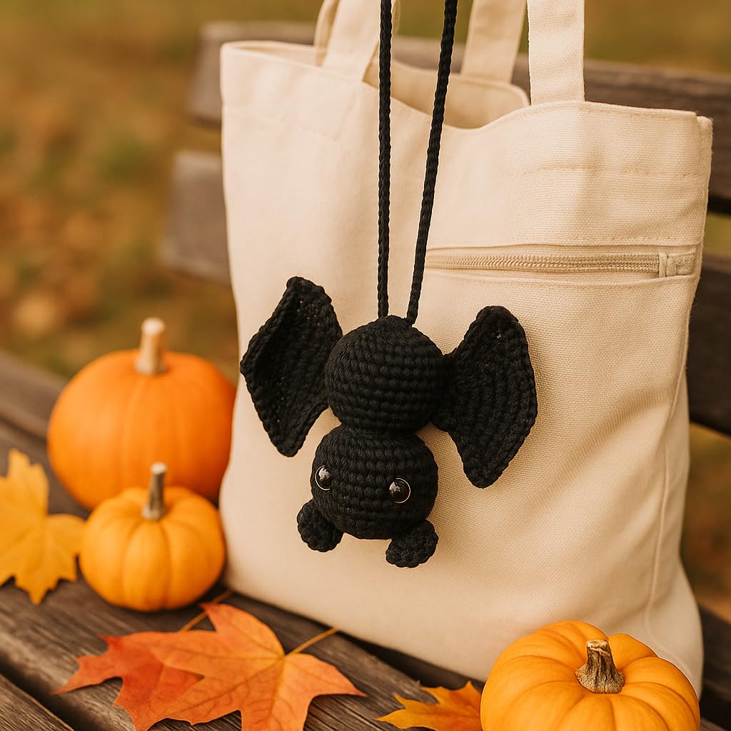 Handmade Bat Car Rearview Mirror Charm – Crochet Cute Amigurumi Halloween Ornament for Car, Backpack, Wall, Shelf – Spooky Fall Gothic Decor – Soft Plush Style