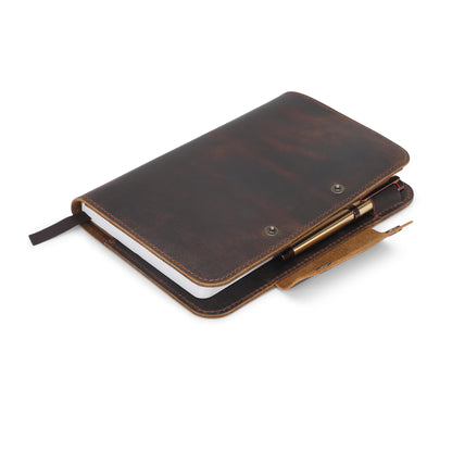 CestAntiQ Rustic Leather Journal Cover for A5 Notebooks (Fits 5.75 x 8.25 Inch & 5.5 x 8.2 Inch) | Premium Full Grain Leather Notebook Cover, Refillable Journal Cover with Pen Loop, 5 Card Slots & Interior Pocket | Leather Planner & Diary Cover (Brown)