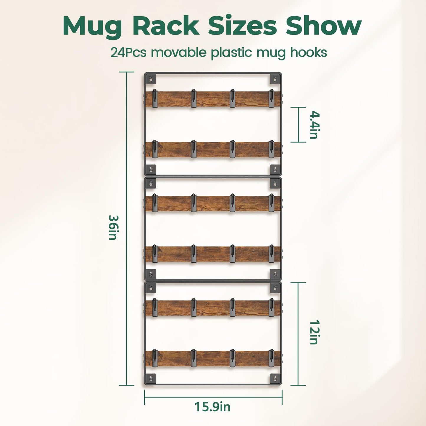 EsLuker.ly Mug Holder Hanger Rack Wall Mounted Wooden 3 Pack Coffee Cup Storage Organizer Display Shelf with 24 Movable Plastic Hooks, Ideal for Mug Collectors