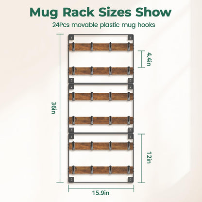 EsLuker.ly Mug Holder Hanger Rack Wall Mounted Wooden 3 Pack Coffee Cup Storage Organizer Display Shelf with 24 Movable Plastic Hooks, Ideal for Mug Collectors