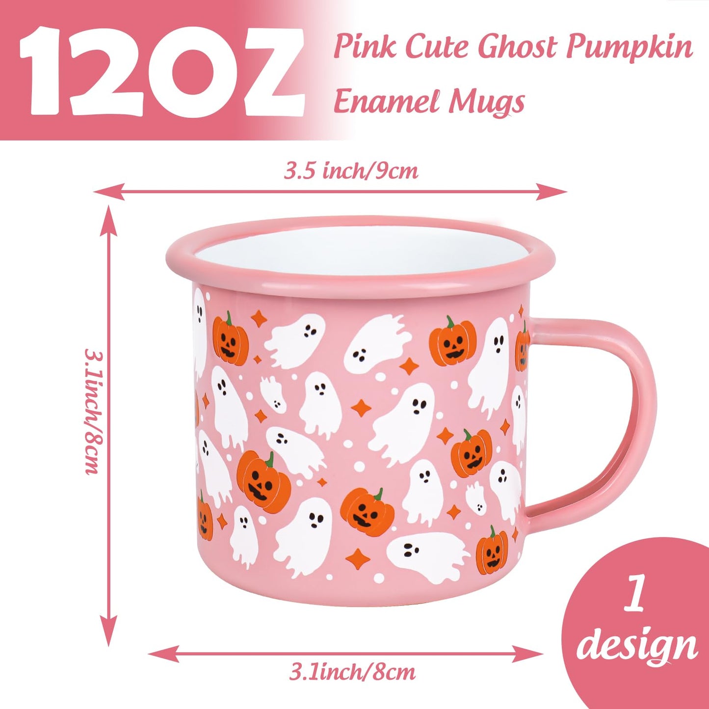 JarThenaAMCS 2 Pcs Halloween Coffee Mug Boo Ghost Pumpkin Enamel Cups with Handle Pink Drinking Mugs for Trick or Treat Birthday Holiday Party Gifts, 12 Oz
