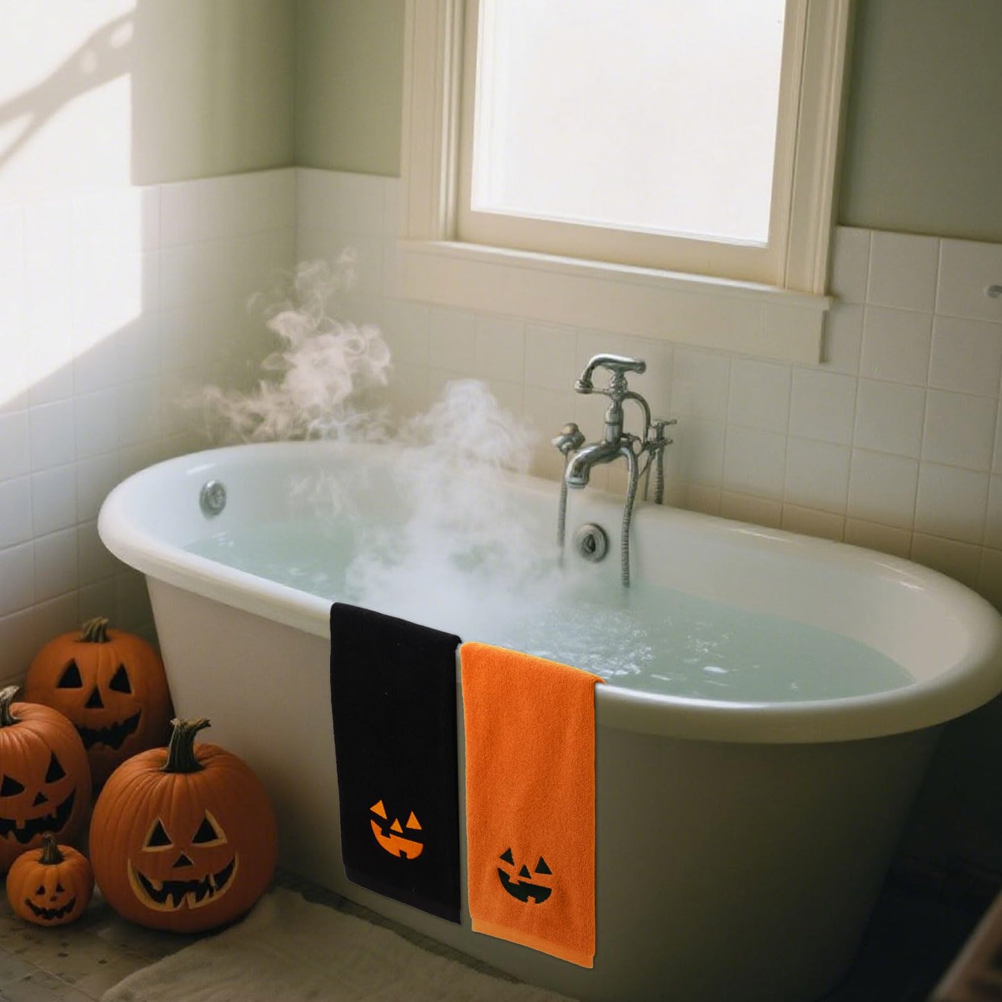 Whaline Halloween Hand Towels Pumpkin Face Embroidered Cotton Bathroom Towel Absorbent Bath Towel for Hand Drying Kitchen Cleaning Cooking, 29.5 x 13.7 Inch, 2Pcs