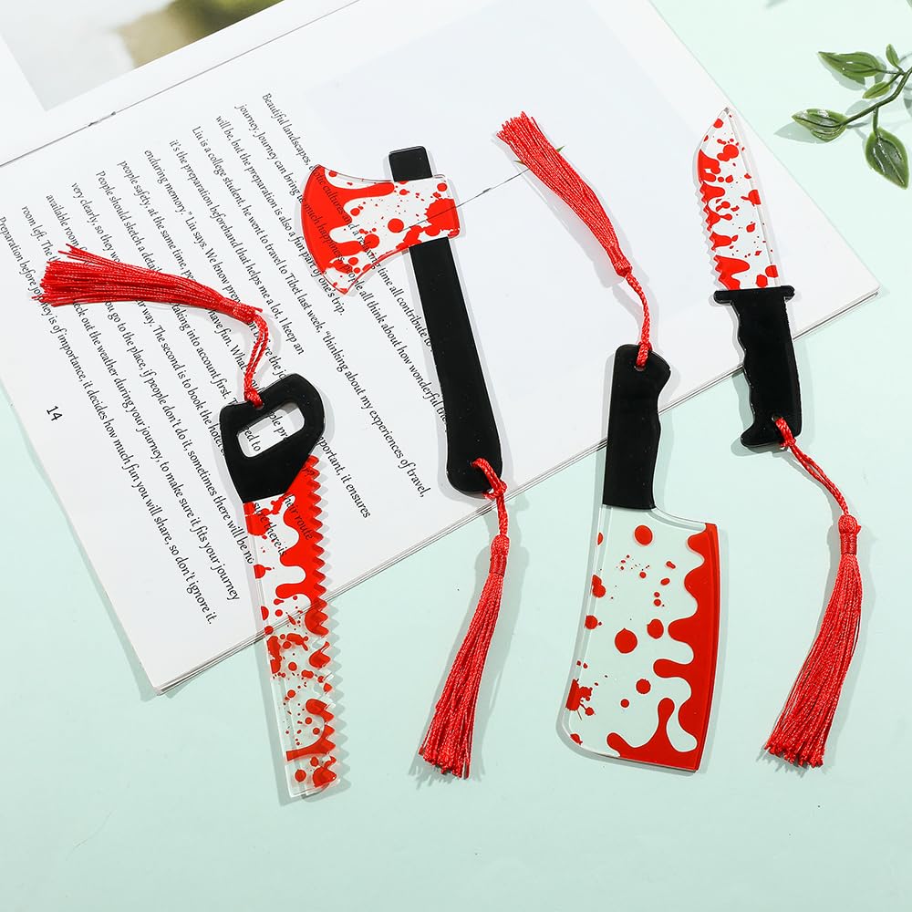 Horror Novelty Bookmark Set - 6 Creepy Tool Shapes with Blood Stain Design, Gothic Book Accessories for Halloween Gifts, Macabre Metal Page Holders with Red Tassels (6Pcs Tools of Terror)