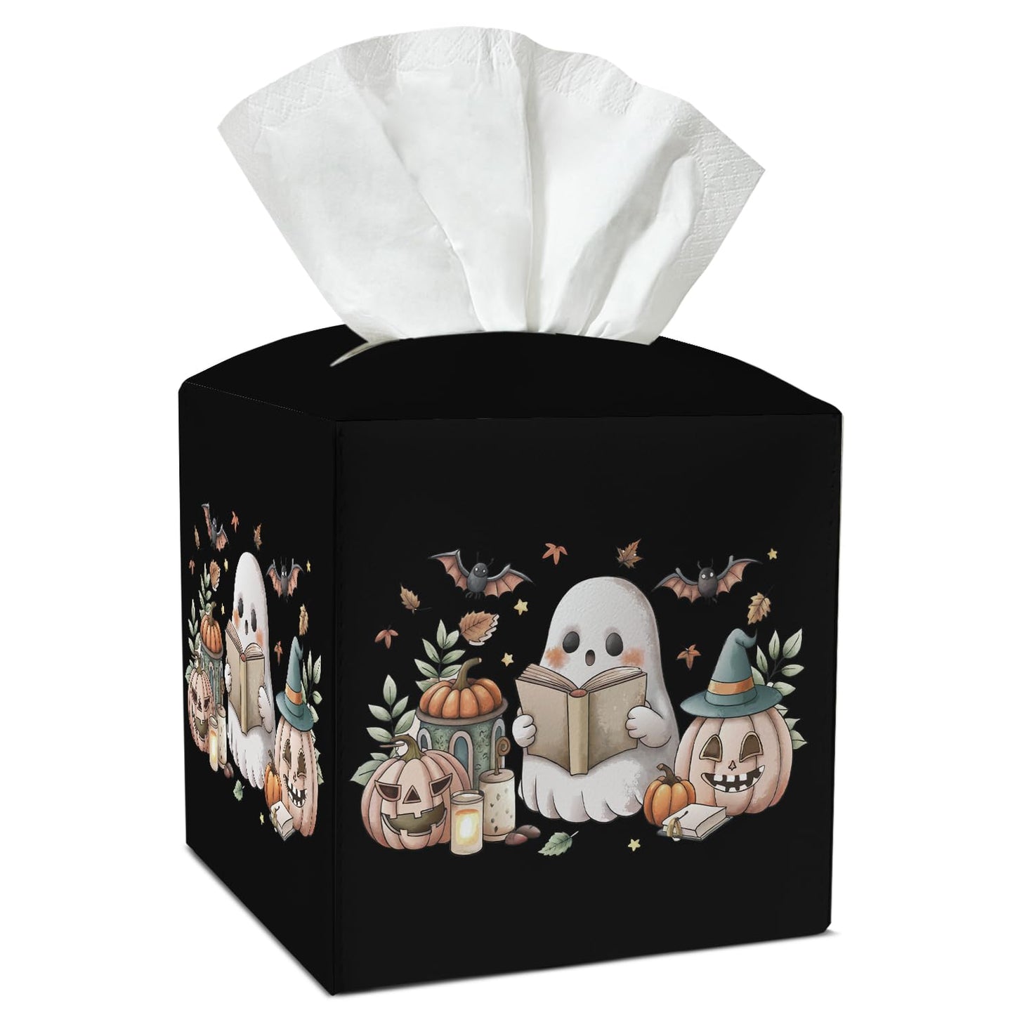 Ghost Pumpkin Tissue Box Covers Square, Leather Tissue Holders Decorative for Home Office Bathroom Organizer, Square Facial Paper Organizer Halloween Home Decor -005