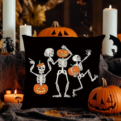 Halloween Pillow Covers 16 x 16 Inch Set of 2 Skeleton Skull Pumpkin Couch Throw Pillow Covers Decorative Pillow Case Cushion Case for Chair Sofa Bedroom Living Room Halloween Home Decor Black