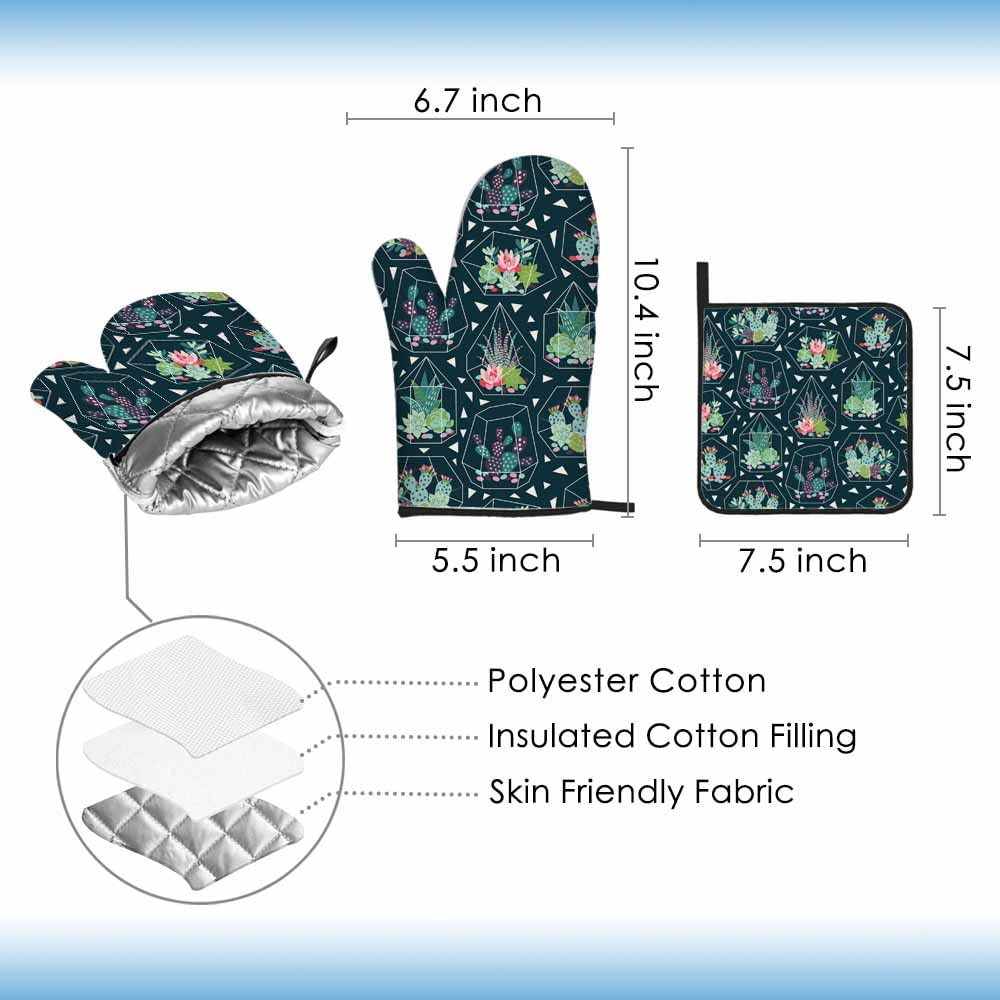 Samgula Green Plant Oven Mitts and Pot Holders Sets Succulents Cactuses in Glass Terrariums Heat Resistant 3pcs for Cooking Baking BBQ