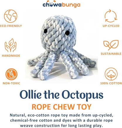 Ollie the Octopus Dog Toy Tough 4 Inch Handmade Eco Cotton Rope Dog Toy Octopus with Natural, Non-Toxic Dyes - Dog Octopus Toy for Small Dogs (Blue, Small)