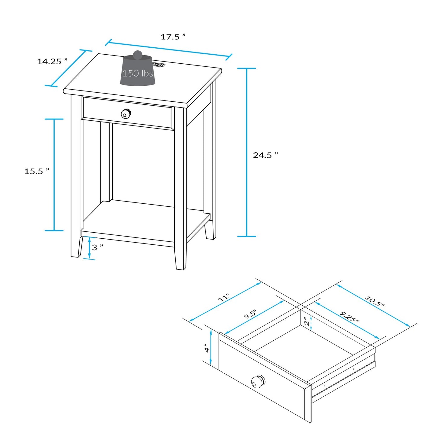 Casual Home Owl Night Stand with USB Port Charging Station and Drawer, 17.5" W x 14.25" D x 24.5" H, Natural Gray