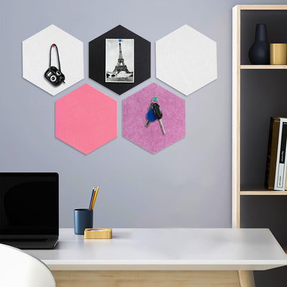 8 Packs Hexagon Felt Pin Board, 12" Bulletin Board with 30 Push Pins, Felt Board for Home Kitchen Office Decor, Self-Adhesive Corkboard Tiles for Walls School Message Photos Memos-Black White Pink