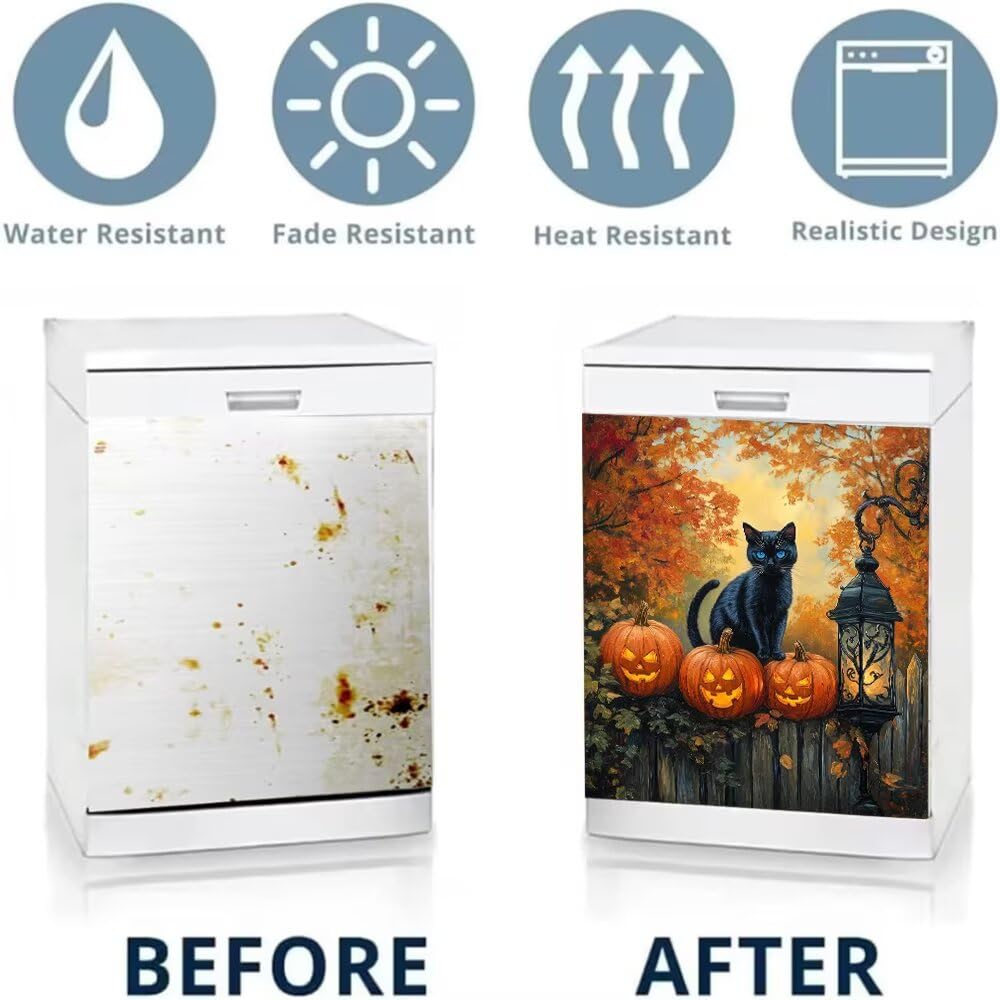 Halloween Black Cat Dishwasher Magnet Cover, Fall Garden Pumpkin Lantern Dish Washer Ccovers for The Front Magnetic Panel Decal, Refrigerator Magnets for Kitchen Decorative Sticker, 23"x26"