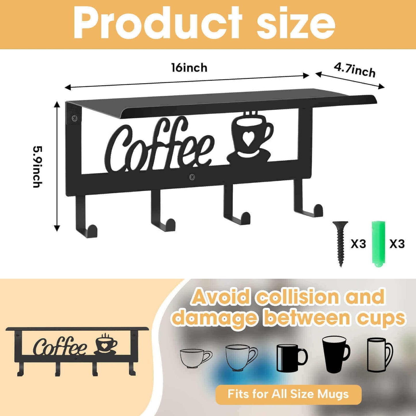 ArtHue Wall Mounted Coffee Mug Holder, Black Metal with 4 Hooks, Mug Rack with Storage Shelf for Kitchen, Office, Farmhouse, Home Decor