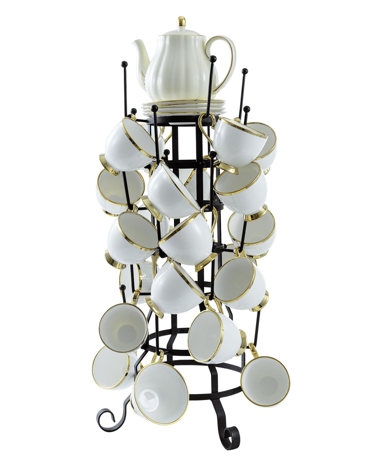MyGift 24-Hook Rustic Black Iron Coffee Mug Holder, Tea Cup Display Stand, Drinking Glasses Baby Bottle Drying Rack Stand
