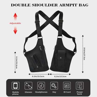 BELLPO Double Shoulder Armpit Bag for Men, Leather Shoulder Bag - Anti-Theft Underarm Wallet & Phone Pouch with Adjustable Strap, Hidden Chest Bag for Travel & Outdoor (Black)