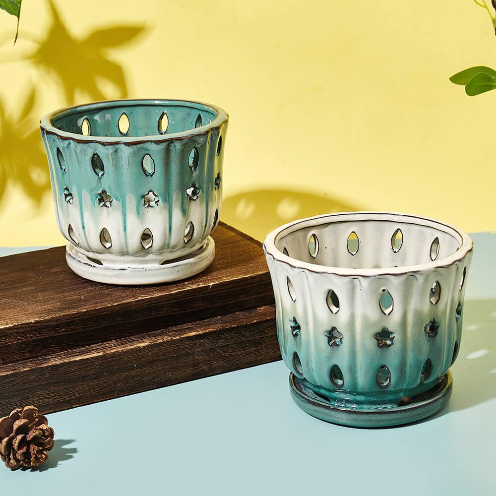 NiSevenLiving Orchid Pots with Holes Attached Saucers 6 Inches - 1 Pcs Small Ceramic Pots for Repotting, Decorative Ceramic Orchid Planter with Hole for Healthy Root Growth White Over Green