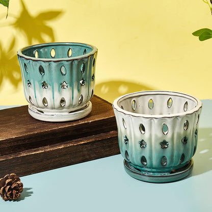NiSevenLiving Orchid Pots with Holes Attached Saucers 6 Inches - 1 Pcs Small Ceramic Pots for Repotting, Decorative Ceramic Orchid Planter with Hole for Healthy Root Growth White Over Green