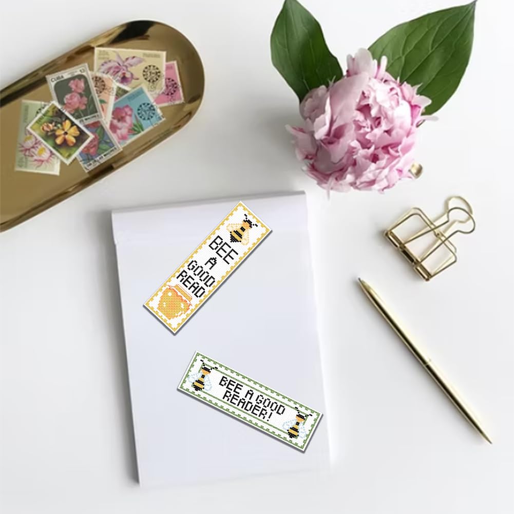 FREEBLOSS 6 Set Cross Stitch Bookmark Kits Insect Pattern Bookmark Cross Stitch Kits with Instructions Punch Needle Embroidery Kit for Beginners, Handmade Bookmarks for Book Lover Reading Day Gift
