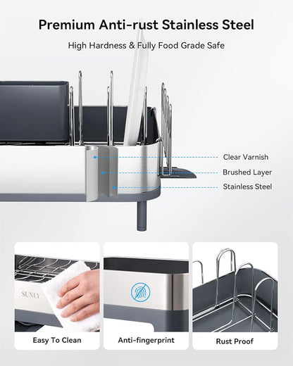 SUNLY Expandable Dish Drying Rack, Versatile Brackets for Pots & Pans, Space Saving Kitchen Drying Rack, Dish Racks for Kitchen Counter, Stainless Steel Dish Drainers with Extendable Spout, Gray