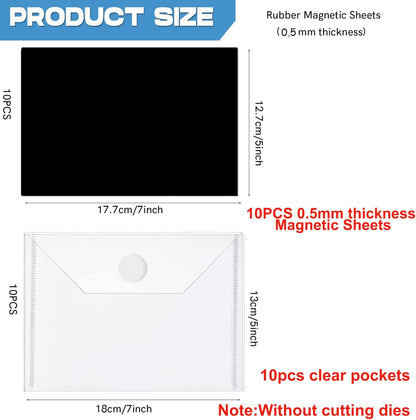20PCS/Set 10 PCS 0.5mm Thickness Magnetic Sheets and 10PCS 7x5inch Clear Plastic Storage Bags for Dies and Stamp Sets Collections Reusable Sturdy PVC Clear Storage Pockets and Cuttable Magnetic Sheets