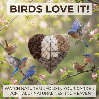 Handmade Fiber Bird Nesting Heart,Birds Nests Material Holder,Refillable Bird Haven Heart-Shaped Hummingbird Nest with Nesting Material,Winter Tree Shelter for Wild Bird,Gift for Hummingbird Lover,1PC