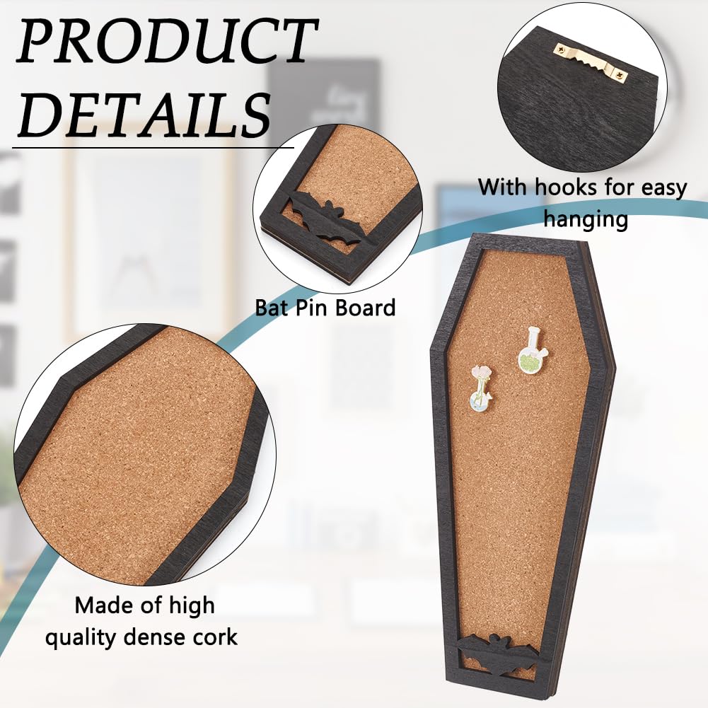 BENECREAT Coffin Bat Pin Board Cork Board, 11.2x4.7inch Bulletin Display Board Wall Mounted Cork Board with Black Frame for Brooch Pin Display, Home School Halloween Decor