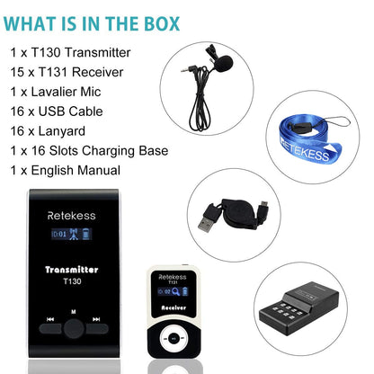 Retekess T130 Church Translation System, Tour Guide Audio System, High Sound Quality Reproduction, Walking Tour Headsets for Court,School (1 Transmitter 15 Receivers and 1 USB Charger)