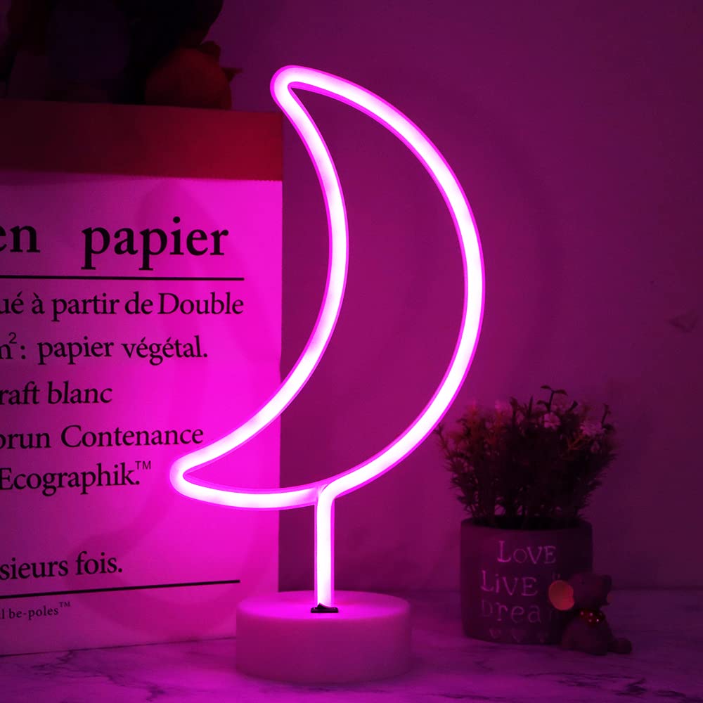Vicila LED Neon Moon Lights, Moon Shape Neon Signs Crescent Night Lights Battery Operated Desk Table Lamp for Bedroom, Bar, Wall Decor-Holder Base(Pink)